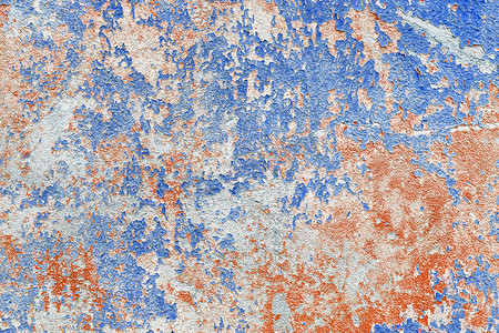 蓝红纹理摄影照片_具有抽象背景图案的混凝土墙体纹理表面的旧蓝红脏漆