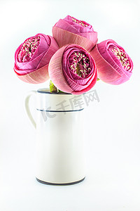 在白色背景上孤立的花瓶中折叠的粉红色莲花