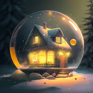 玻璃球里有发光窗户的小房子，新年博览会，玩具