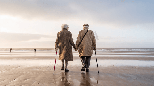 老年人手牵手在海边散步