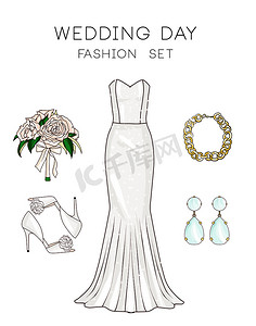 一套时尚女装和配饰 — 婚纱、鲜花、鞋子、钻石耳环