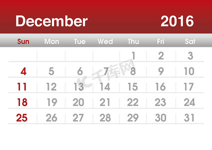 2016模板摄影照片_2016 年日历。2016 年 12 月的规划日历。