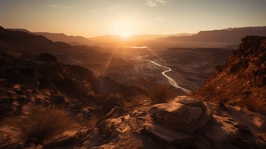 上落摄影照片_太阳正在沙漠中的一个峡谷上落下