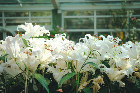 百合新鲜摄影照片_生长在花园里的开花的白百合
