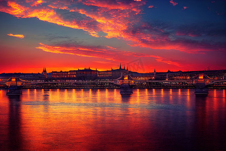 动漫夕阳摄影照片_动漫风格，塞切尼链桥（匈牙利布达佩斯）