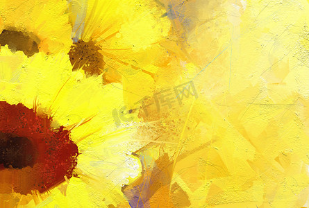 黄色花卉摄影照片_油画金色向日葵背景。