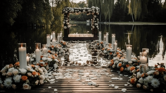 在湖边或河户外复制空间附近装饰鲜花和绿色的圆环婚礼拱门