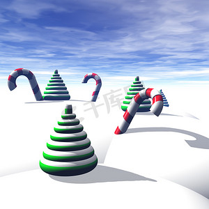 绿色植物剪贴画摄影照片_圣诞树、拐杖糖和雪