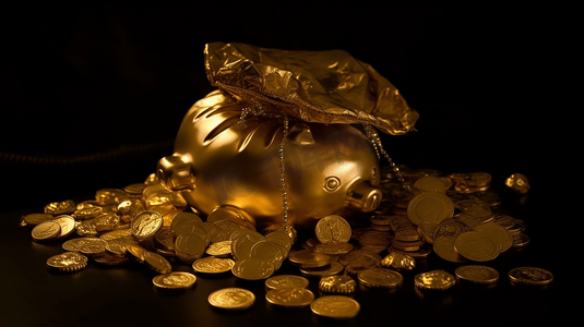 金融储蓄金猪存钱罐和一袋金币