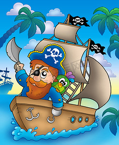 卡通海盗在船上航行