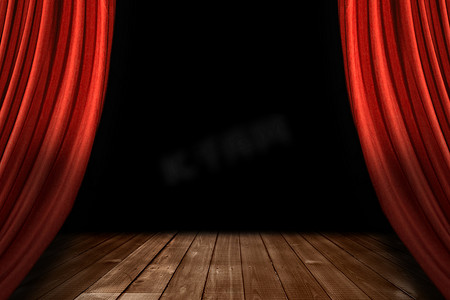 剧院观众摄影照片_红色剧院舞台窗帘与木地板