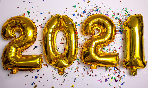 新年目标摄影照片_20201 新年概念从金箔气球和五彩纸屑