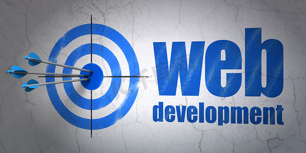 开发设计摄影照片_Web 开发概念： 目标和 Web 开发在背景墙上