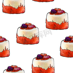 插图光栅无缝图案圆形橙色蛋糕装饰白色孤立背景上的浆果
