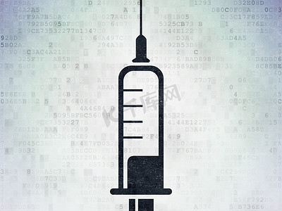 注射器图标摄影照片_医疗保健概念： 数字数据论文背景上的注射器