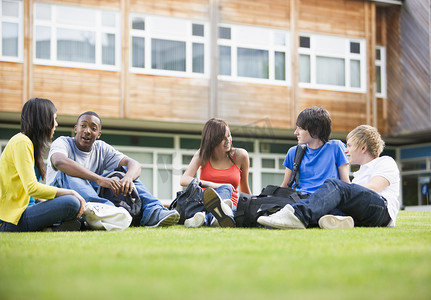 坐在校园草坪上聊天的大学生