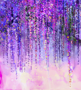 紫藤花卉摄影照片_春天紫色的花朵紫藤。水彩画