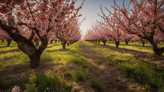 乡村的春天桃园与粉红色的花朵