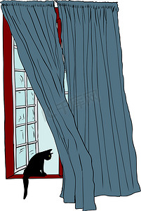 手绘黑色猫摄影照片_打开窗台上有黑猫的窗户
