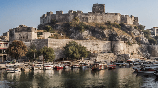 亚洲土耳其安塔利亚区阿拉尼亚半岛克孜勒库塔附近的古造船厂景观著名的高山旅游胜地古老城堡的一部分夏