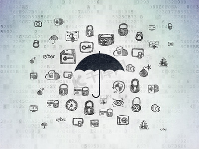 安全概念： 数字数据纸张背景上的雨伞