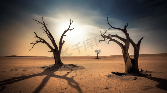 中央决策部署摄影照片_沙漠中央的两棵枯树