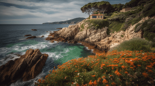 花的海洋摄影照片_夏季海洋岩石岸景观加泰罗尼亚科斯塔布拉瓦西班牙