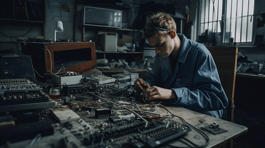 焊接操作员修理电子路板由熟练操作工进行的电子线