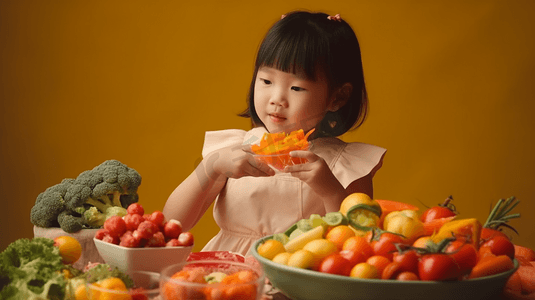 小女孩开心的吃着蔬菜沙拉