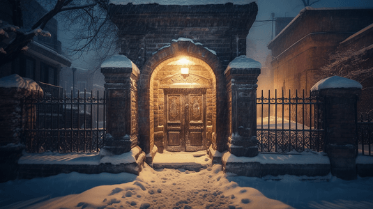 古建美景摄影照片_夜幕下的雪中丽景门