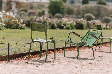 法国巴黎杜乐丽花园的传统绿色椅子