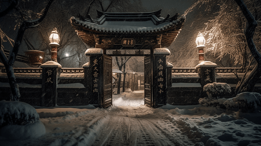 古建美景摄影照片_夜幕下的雪中丽景门