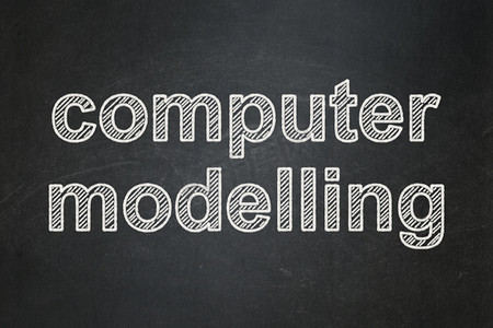 科学概念： 黑板背景上的计算机建模