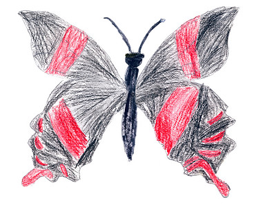 孩子在纸上画了黑蝴蝶