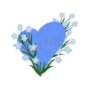 蓝色手绘鲜花摄影照片_手绘蓝色心形与花卉的 ilustration。