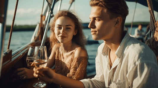 穿着泳装的一对微笑的年轻夫妇在游艇上用香槟