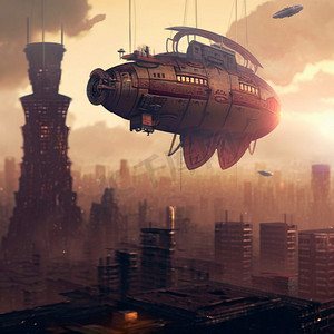 蒸汽朋克飞艇飞过一座现代城市