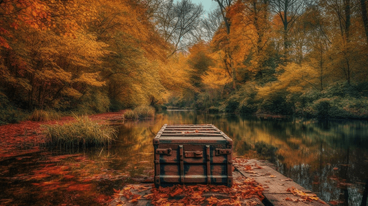 秋景摄影照片_美丽多彩生机勃勃的秋景,林景湖上船坞的景观形象