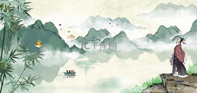 中国复古背景图片_中国风人物山水水墨复古背景