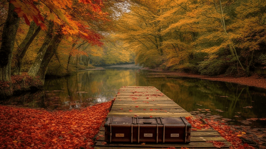 美丽多彩生机勃勃的秋景,林景湖上船坞的景观形象