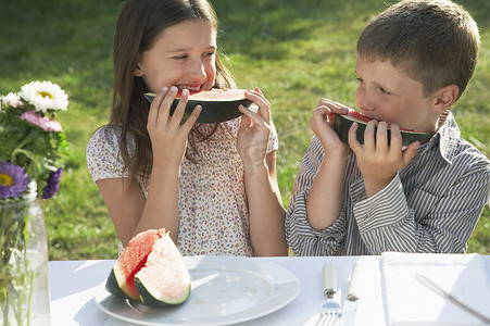 孩子们在家庭野餐时吃西瓜