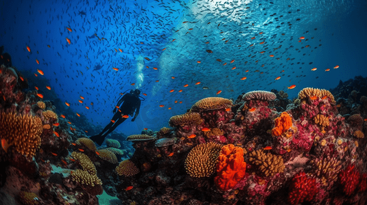 汕尾红海湾摄影照片_潜水红海珊瑚礁有硬鱼类和阳光明媚的天空通过清洁水照光下照片丰富多彩的美丽
