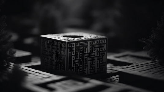 ai迷宫摄影照片_一个黑白相间的盒子坐在迷宫前