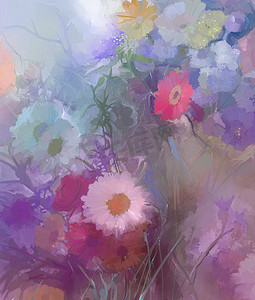 花卉油画。植物区系复古色彩背景
