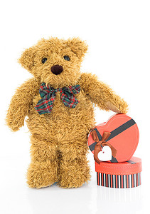 礼盒心形礼盒摄影照片_带红色心形礼盒的泰迪熊