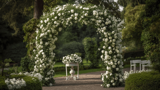 花环png摄影照片_在公园里安排鲜花来举行婚礼婚
