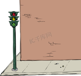 十字路口附近的红绿灯和砖墙卡通插图