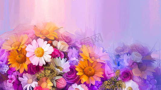 明亮的油画摄影照片_黄色、红色和粉红色花朵的油画静物画。