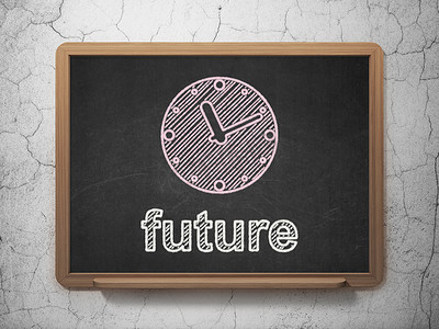 教室背景墙摄影照片_时间概念： 黑板背景上的时钟和未来
