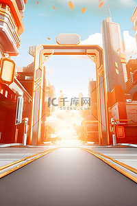 未来城市科技感背景图片_电商海报未来感街道橙色背景
